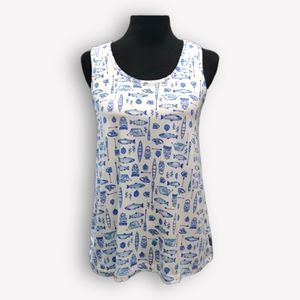 EDDIE BAUR White & Blue Scoop Neck Camp Pattern Tank Top